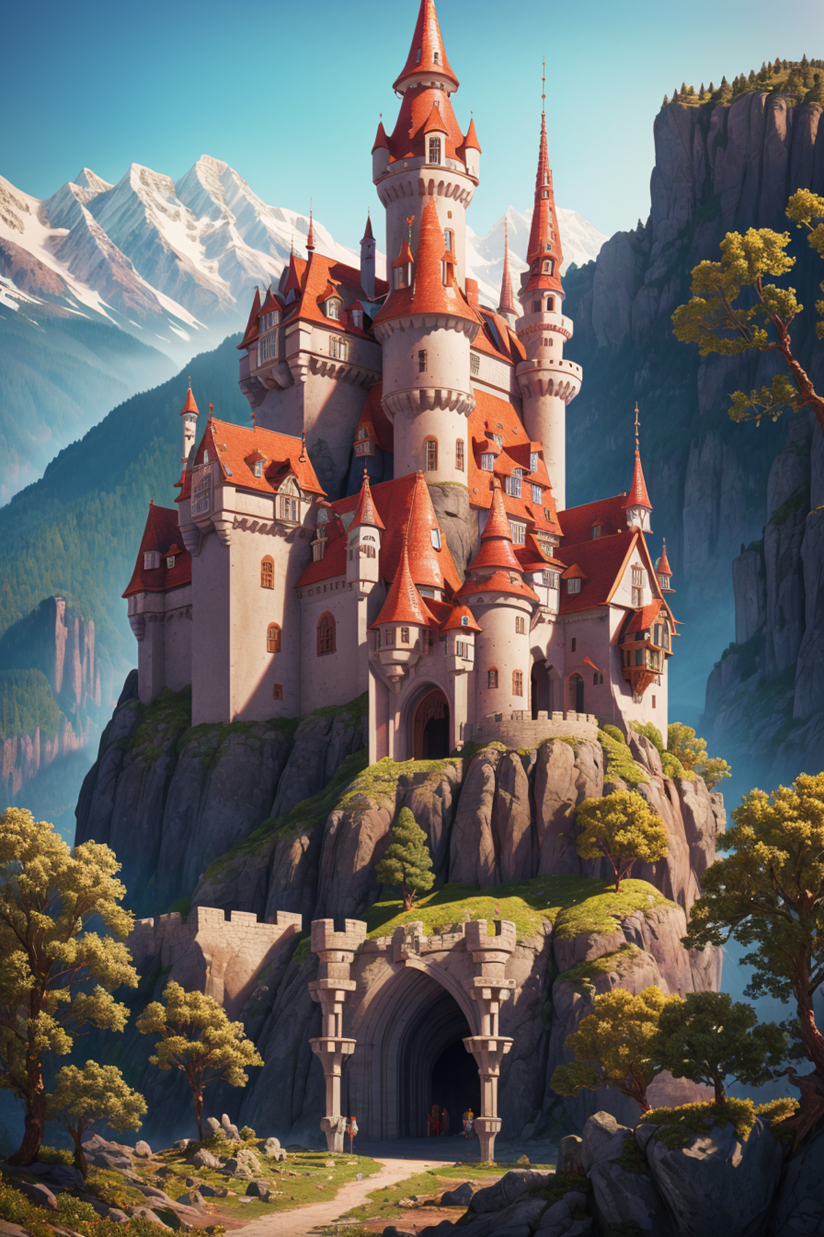 A forbidden castle high up in the mountains, pixel art, (intricate details:1.12), hdr, (intricate details, hyperdetailed:1...
